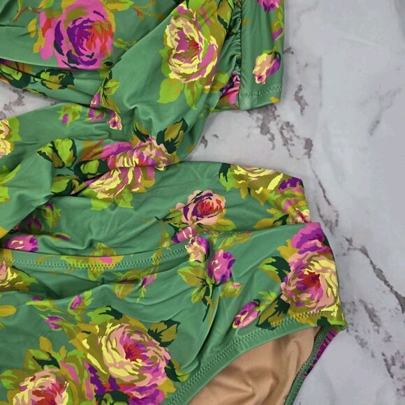 J Crew One Piece Green Criss Cross Cut Out Green Bikini Swim Suit Floral - Picture 3 of 14